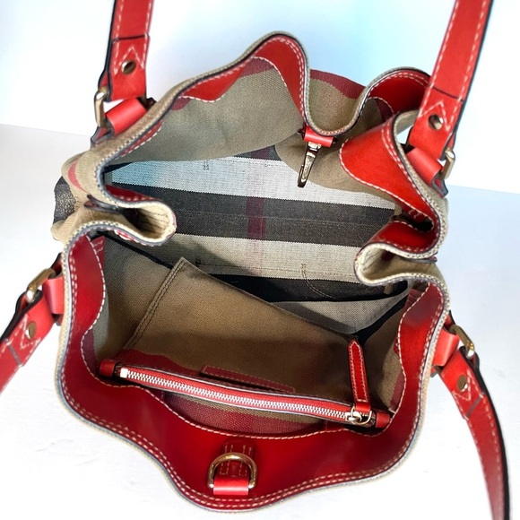 Burberry Maidstone Large Check Canvas Tote Bag Red Leather Trim - Picture 9 of 16